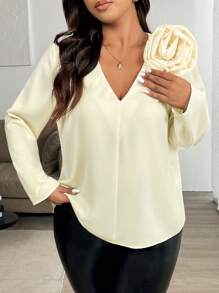 SHEIN Unity Plus Size Women's Long Sleeve V-Neck Large Floral Pattern Blouse - White - View 6