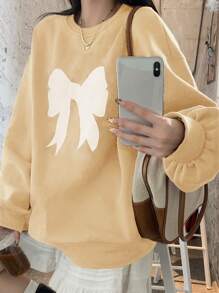 DAZY 女式圆领刺绣蝴蝶结长袖运动衫，秋季服装 - 杏色 - 查看 4