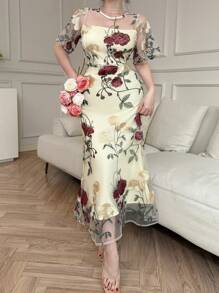 DAZY 女士花卉印花方领短袖休闲优雅连衣裙夏季优雅 - 彩色 - 查看 6