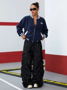 Chaqueta minimalista de mujer de unicolor con parches y cremallera frontal de manga larga - Azul Marino - Ver 3