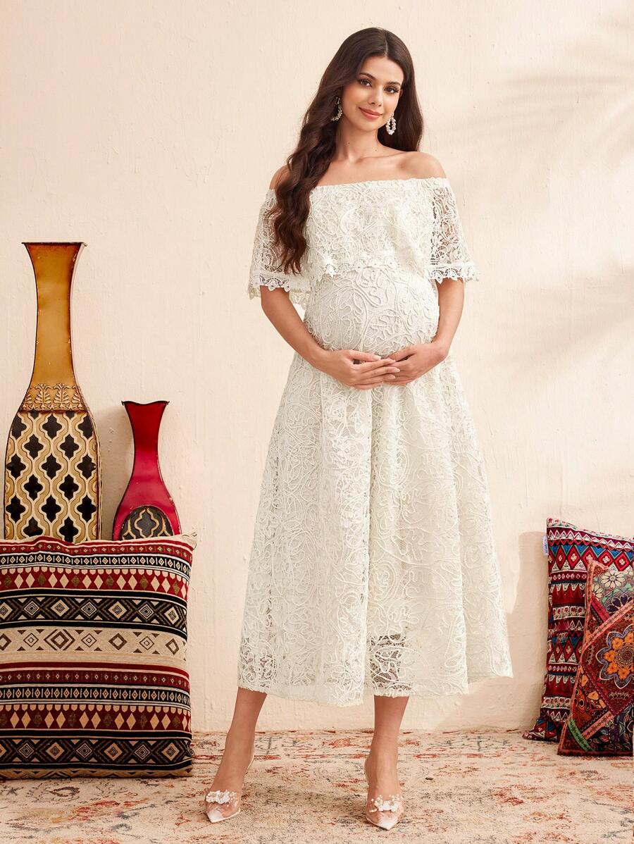 SHEIN Women's Simple Daily Off-Shoulder Maternity Dress - Apricot - View 1