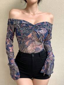 DAZY Blusa bohemia de mujer con estampado floral de malla transparente, hombros descubiertos, mangas largas, para vacaciones de verano, blusas bohemias, top hombros descubiertos, ropa de mujer para otoño