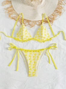 SHEIN Swim 女士黄色特殊针织椰子棕榈图案可爱 Pom Pom 点缀比基尼泳装套装，适合夏季海滩度假 - 黃色 - 查看 4