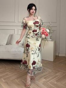 DAZY 女士花卉印花方领短袖休闲优雅连衣裙夏季优雅 - 彩色 - 查看 1