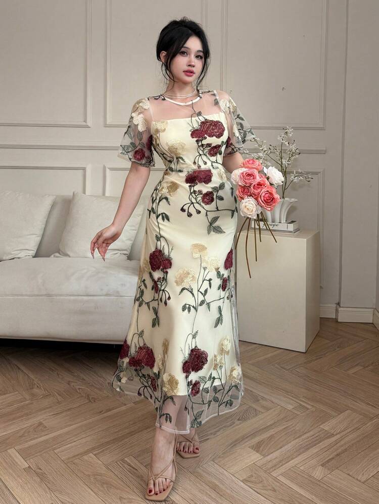 Women Floral Print Square Neck Short Sleeve Casual Elegant Dress Summer Elegant Easter Maxi Dress