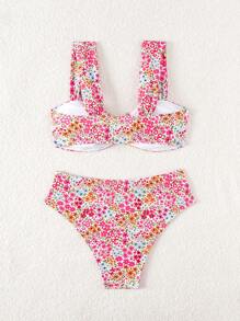 Swim Mod Spring Break Women Summer New Random Printed Multi-Color V-Neck Adjustable Strap Sweet Ditsy Floral Pattern Bikini Set - Multicolor - View 6