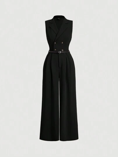 SHEIN MOD 大码女式连体裤，配西装领，卡其色，优雅