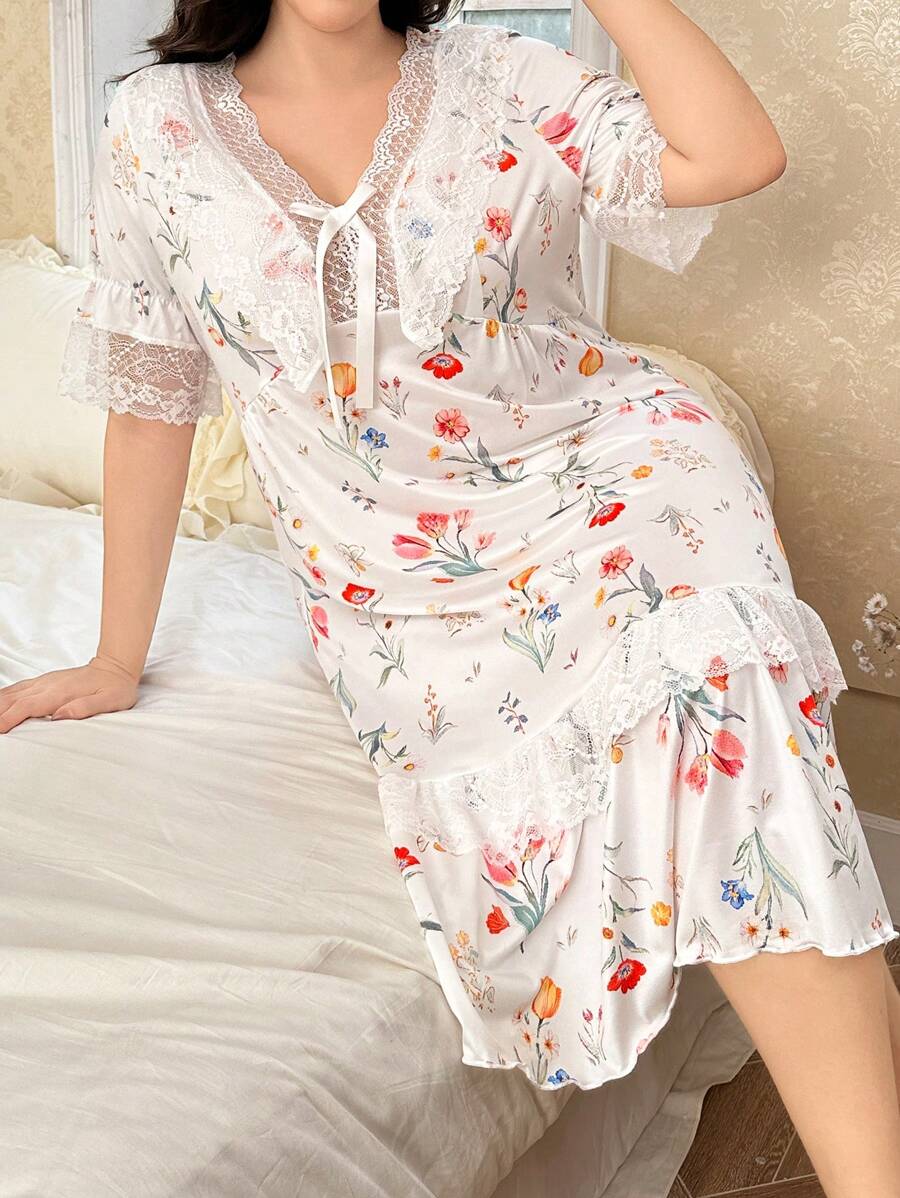 CottageSlumber Plus Size Romantic Floral Lace Patchwork Midi Nightgown - Multicolor - View 1