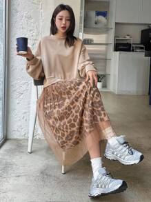 DAZY Leopard Print Mesh Patchwork Loose Mid-Length Dress For Women Cheetah Print,Fall Clothes