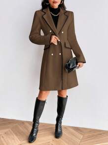 SHEIN Privé Women's Casual Two-Row Button Contrasting Trim Woolen Coat, Autumn/Winter - Coffee Brown - View 6