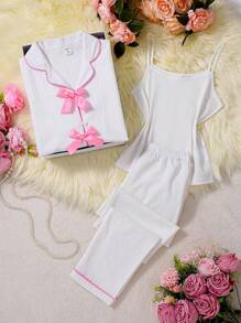 Tween Girls 3pcs Set: White Cardigan With Bow Cuff & Collar, Long Pants And Camisole, Casual Lounge Wear - Multicolor - View 7