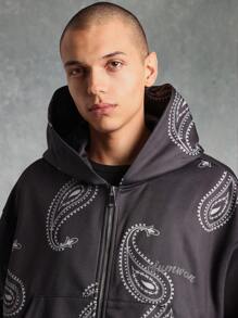 SUMWON Modern Paisley Print Full-Zip Hoodie Streetwear Urban Style Relaxed Fit Winter Fall Collection Everyday Essential Loungewear Casual Outerwear