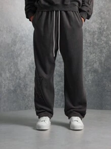 SUMWON Premium Drop Crotch Jogger Sweatpants With Star Detail, Elastic Ankle Cuffs And Drawstring Waist, Athleisure Streetwear For Urban Fashion, Fall Winter Comfort Wear