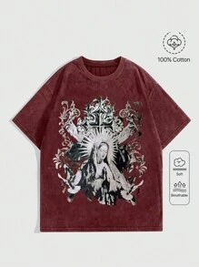 ROMWE Grunge Punk Áo thun thường ngày cổ tròn tay ngắn in họa tiết cỡ lớn - Đỏ - Xem 1