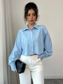 Elenzga Long Sleeve Shirt With Decorated Collar Design - Blue - View 4