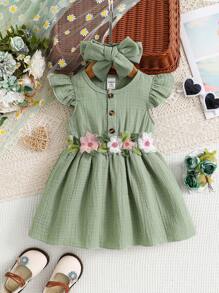 SHEIN Vintaside Kids 2 pezzi Vestito e fascia per capelli da bambina con dettagli in rete, ricami floreali e volant per l'estate, ideale per picnic e feste all'aperto