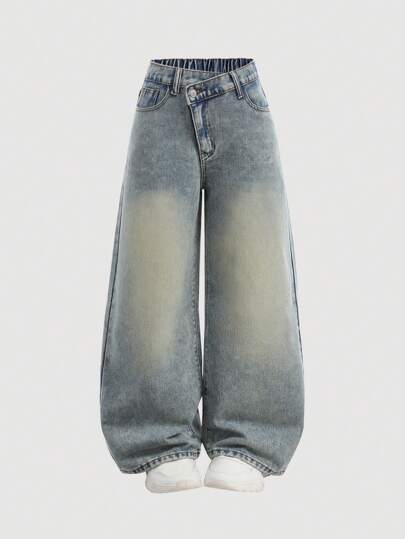 SHEIN Girlism Tween Girls Y2k Fashion Casual Vintage Blue Denim Diagonal Waist Design Loose Comfortable Jeans For Girls Soft Dailywear And The Four Seasonsr Tween Girl Clothes