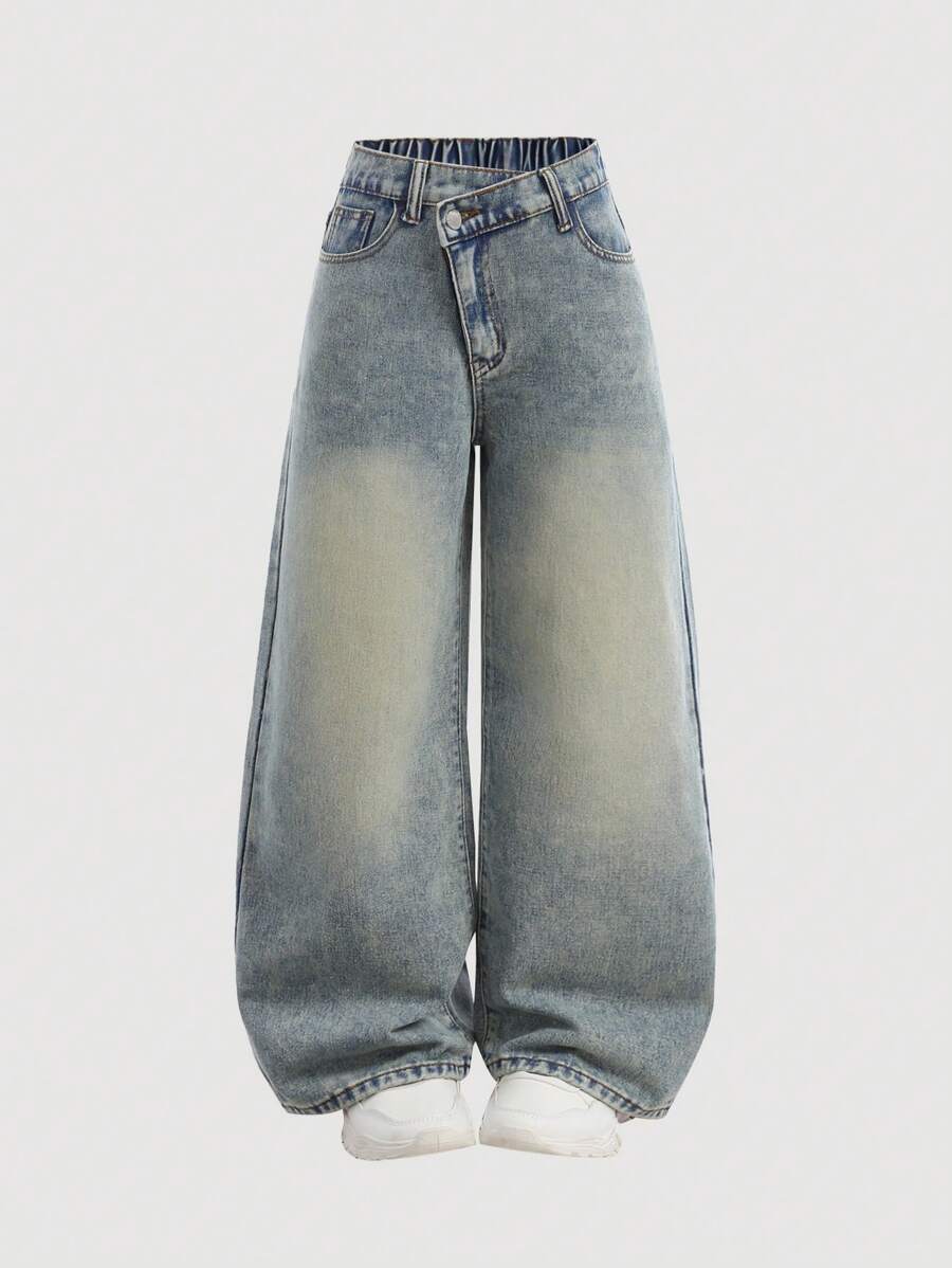 SHEIN Girlism 千禧少女时尚休闲复古蓝色牛仔斜腰设计宽松舒适牛仔裤,柔软舒适,适合日常穿着,四季皆宜。 - 藍色 - 查看 1