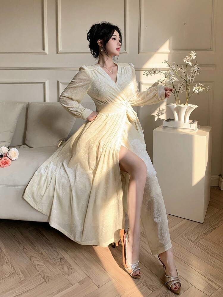 Women Solid Color Tie-Up Long Sleeve Simple Elegant Dress,Fall Dress Luxury Prom Dress
