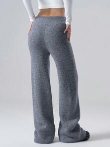 LYSMO 女士纯色松紧腰直筒宽松休闲针织裤 - 灰色 - 查看 2