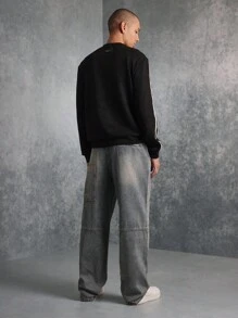 SUMWON Oversized Carpenter Wide Leg Jeans Relaxed Fit Workwear Style Durable Denim Pants With Panel Details Streetwear Urban Fashion - Medium Wash - View 5