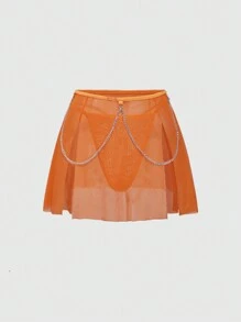 ROMWE Avant Y2K Lace Mesh Patchwork Bow Underwired Chain Open Crotch Lingerie Set, Sexy Roleplay - Orange - View 3