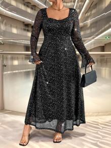 SHEIN Unity Plus Size Women's Elegant Black & Silver Flare Sleeve Metallic Fabric Fitted Long Evening Gown Dress For Party