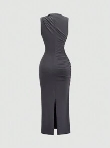 SHEIN Unity Dark Gray Sleeveless Pleated Waist Dress - Dark Grey - View 2