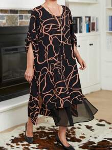 EMERY ROSE 加大码女式妈妈几何拼布荷叶边袖宽松连衣裙，冬季连衣裙