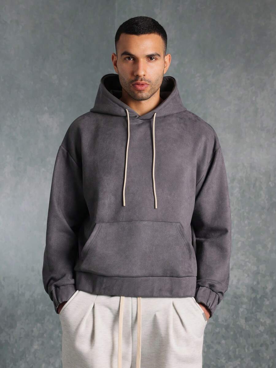 SUMWON Suedette Streetwear Pullover Hoodie With Drawstring Kangaroo Pocket Autumn Winter Casual Athletic Wear Loungewear Everyday Basic Essential - Dark Grey - View 1