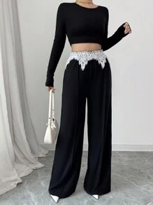 Elenzga 黑色直筒蕾丝拼接运动裤，简约时尚，适合日常休闲穿着 - 黑色 - 查看 4