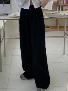 DAZY Pantalon noir ample femme, couleur unie, style casual chic, pour toute l'année - Noir - Voir 6