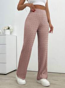 EURMUSE Women's Solid Color High Waist Straight Loose Fisherman Knit Long Pants - Dusty Pink - View 4