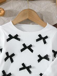 SHEIN Toddler Girls' Long Sleeve Round Neck Cute Bow Decor Top T-Shirt, Casual Comfortable And Versatile For Outdoor, Spring & Autumn - White - View 6