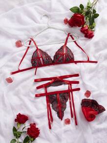 5pcs Valentine's Day Romantic Elegant Lingerie Set - Floral Lace Bralette With Straps, Bow Accents, Sexy Panties, Red Peekaboo Design - Red - View 8