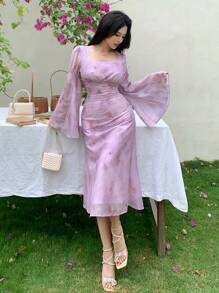 DAZY Spring New Arrival Valentine's Day Plant Print Waist Cinched Sundress, Muse Dress, Vacation Style For Women Floral Elegant,Fall Dress Long Sleeve Dress - Purple - View 5