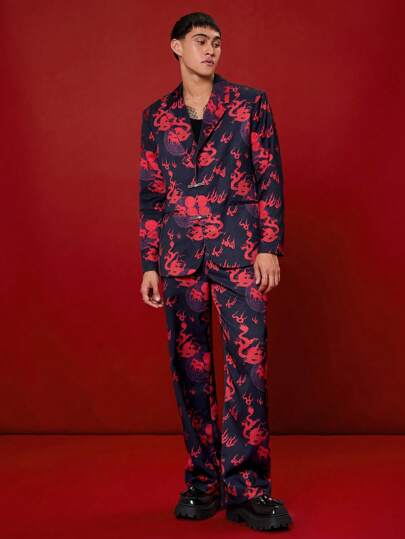 Manfinity VCAY 2st/set Unisex Casual Dragon & Cloud Print vävd vadderad axelmonterad kavajjacka och resårbyxor med raka ben i midjan för kinesiska nyåret