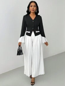 SHEIN Clasi 2 件套：女款黑白撞色 V 领喇叭袖西装外套和褶皱松紧腰裤 - 黑與白 - 查看 1