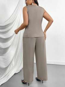 Firerie Plus Size Women's New Commuter Fake Pocket Decor Boat Neck Khaki Valentine Suit Vest Open Front Jacket & Suit Pants 2 Pieces Set