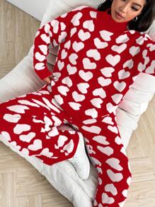 Flirla Fashion Heart Pattern Long Sleeve Knit Sweater Set, Autumn/Winter - Red - View 6