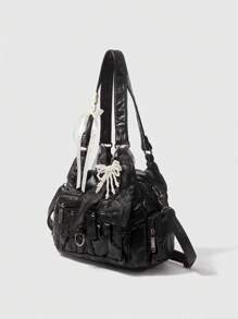 ROMWE Grunge Punk New Bow Punk Rivets Tote Bag Women Shoulder Bag , Goth - Black - View 2