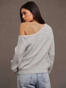 Siren Gaze 纯色罗纹针织不对称领口毛衣、长袖上衣 - 淺灰色 - 查看 4