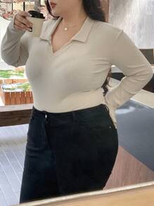 Dazy Plus V-Neck Ribbed Fabric Fitted Long Sleeve T-Shirt, Spring/Summer/Autumn - Apricot - View 6