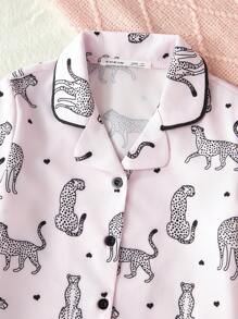 SHEIN 2pcs Girls Pajama Set, Pink Base Color With Leopard Print, Long Sleeve Top And Pants, Casual And Stylish - Pink - View 4