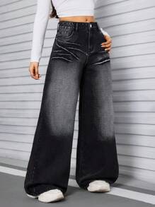 SHEIN Tall Women's Simple Front Button Pocket Wide Leg Jeans, Casual Everyday Wear