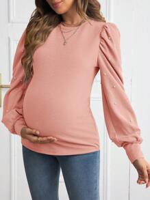 SHEIN Top ajustada de punto con mangas abullonadas y decoración de perlas, para maternidad, otoño - Rosa - Ver 4