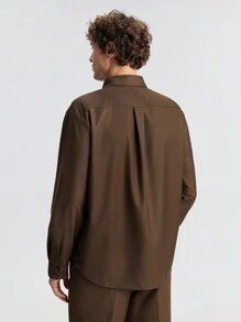 Ontre Men's Spring Brown Button-Down Long Sleeve Shirt, Fashionable Minimalist, Suitable For Valentine's Day Date, Holiday, New Year Party, Business Casual - Chocolate Brown - View 5
