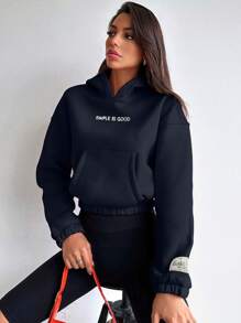 EURMUSE 100%Cotton Women's Letter Print Hooded Sweatshirt - Navy Blue - View 3