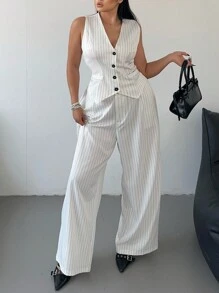 POPSWAY Plus Size Asymmetrical Hem Blouse And Straight-Leg Pants 2 Pieces Set - Black and White - View 6