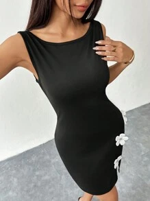 Rafferiza 无袖碎花开衩法式迷你连衣裙 - 黑色 - 查看 3